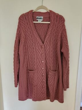 Aran Crafts 100% merino wool cardigan fisherman Irish sweater pink cottage XXL
